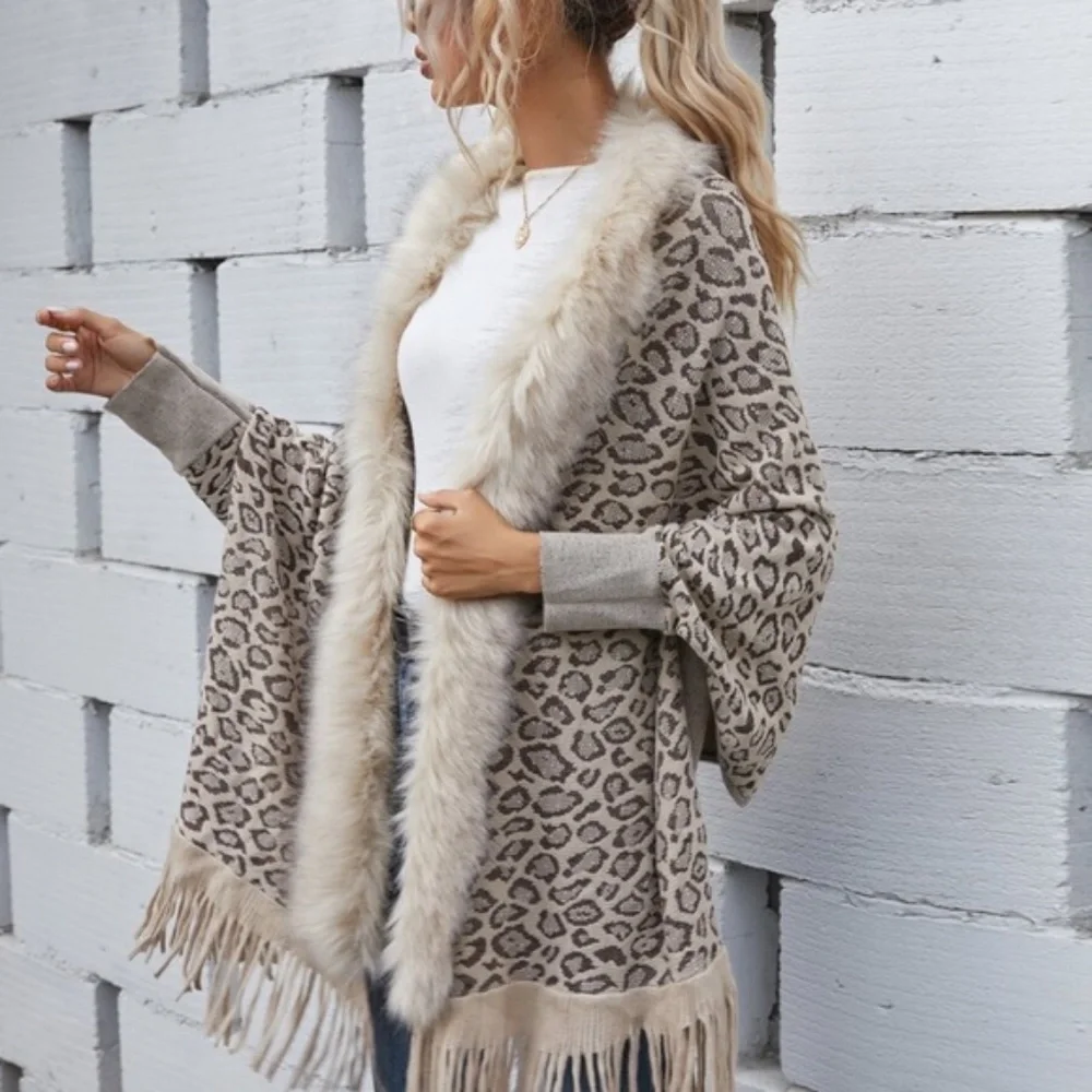 Cozy vegan fur leopard print tassel poncho cardigan